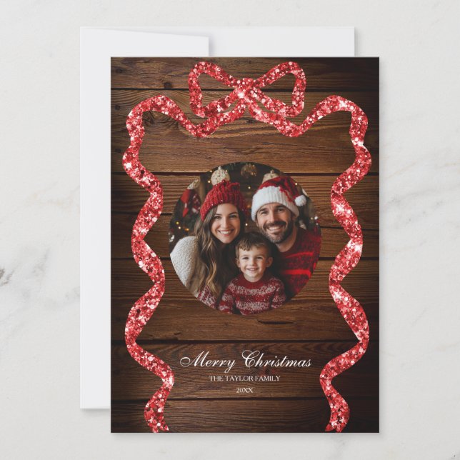 Rustikales Wood Red Ribbon Foto Frohe Weihnachten Einladung (Vorderseite)