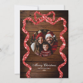 Rustikales Wood Red Ribbon Foto Frohe Weihnachten Einladung