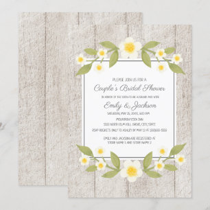 Rustikales Wood White Floral Couple's Brautparty Einladung