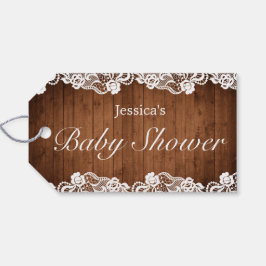 Rustikales Wood & White Lace Baby Dusche Geschenkanhänger