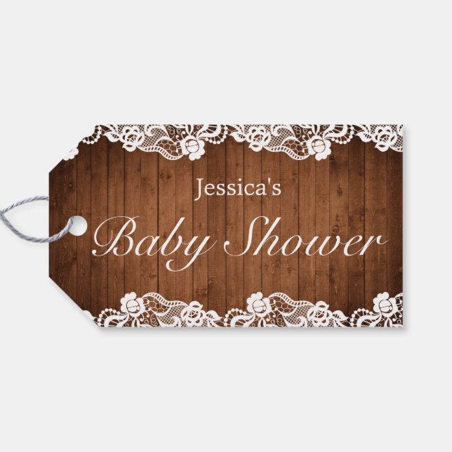 Rustikales Wood & White Lace Baby Dusche Geschenkanhänger (Rückseite Horizontal)