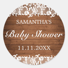 Rustikales Wood & White Lace Baby Dusche Runder Aufkleber