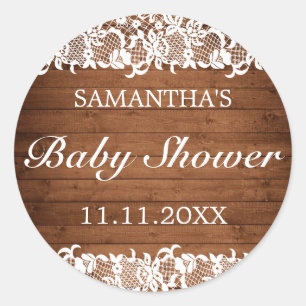 Rustikales Wood & White Lace Baby Dusche Runder Aufkleber