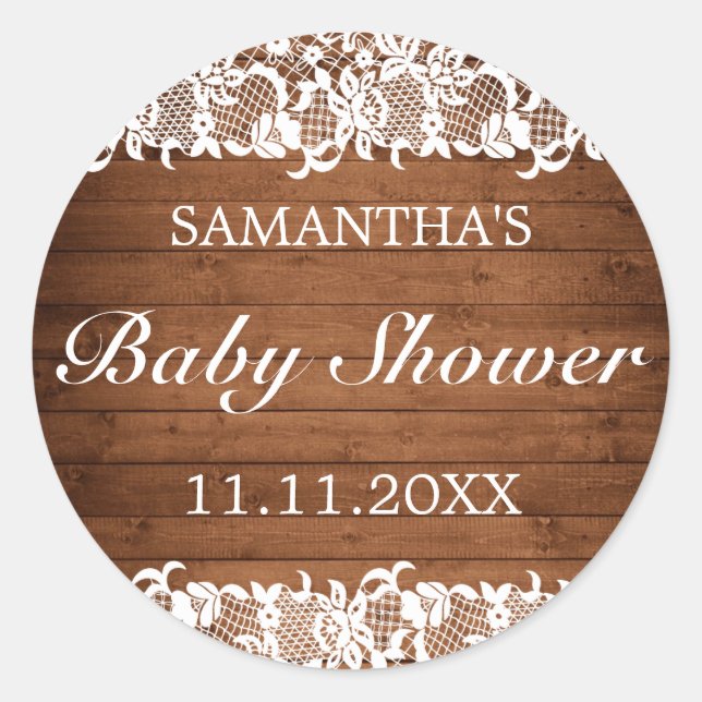 Rustikales Wood & White Lace Baby Dusche Runder Aufkleber (Vorderseite)
