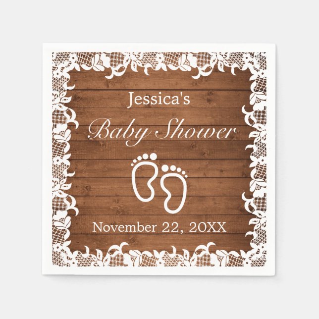 Rustikales Wood & White Lace Baby Dusche Serviette (Vorderseite)