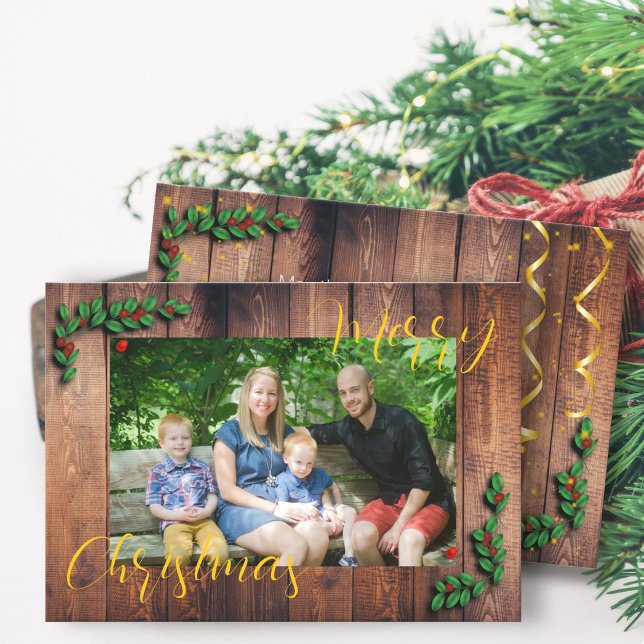 Rustikales Wood Xmas Family Foto Feiertagskarte (Von Creator hochgeladen)