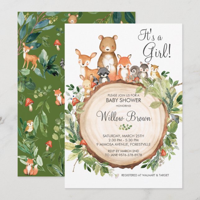 Rustikales Woodland Animals Baby Shower Girl Einladung (Vorne/Hinten)