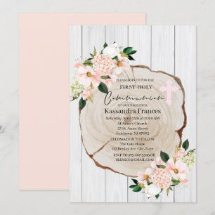 Rustikales Woodland Blush Bloral First Heilige Kom Einladung