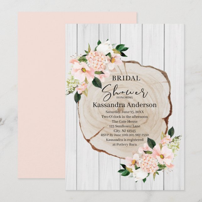 Rustikales Woodland Blush Floral Brautparty Einladung (Vorne/Hinten)