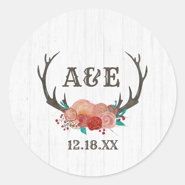 Rustikales Woodland Deer Antler Boho Monogram Wedd Runder Aufkleber (Vorderseite)