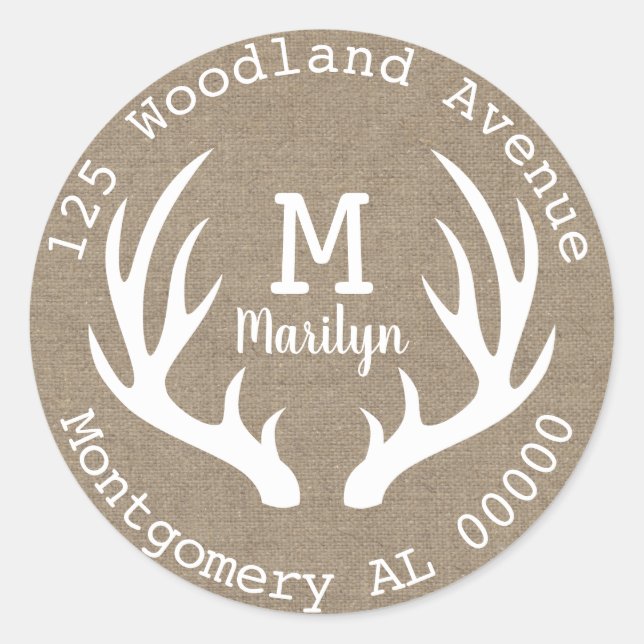 Rustikales Woodland Deer Antlers Faux Burlap-Adres Runder Aufkleber (Vorderseite)