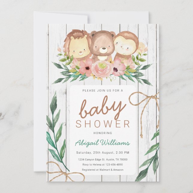 Rustikales Woodland Floral Animals Baby Dusche Einladung (Vorderseite)
