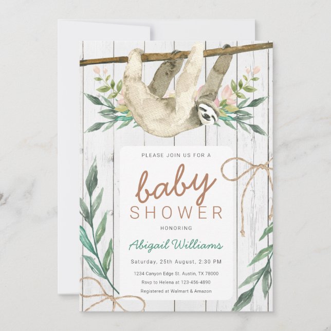 Rustikales Woodland Floral Jungle Sloth Babydusche Einladung (Vorderseite)