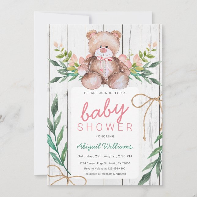 Rustikales Woodland Floral Teddy Bear Baby Dusche Einladung (Vorderseite)