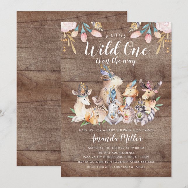 Rustikales Woodland Friends Wild One Baby Shower Einladung (Vorne/Hinten)