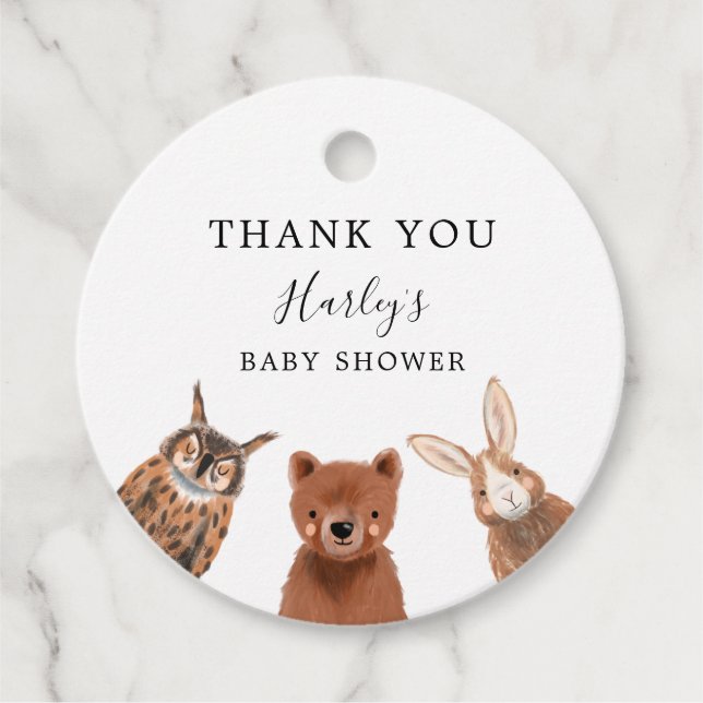Rustikales Woodland Gender Neutral Baby Dusche Geschenkanhänger (Vorderseite)