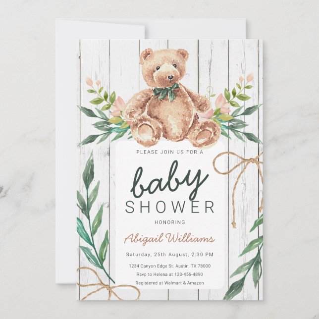Rustikales Woodland Green Teddy Bear Baby Dusche Einladung (Vorderseite)
