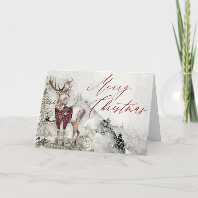 Rustikales Woodland Hirsche Wasserfarbe Weihnachts Karte (Vorderseite)