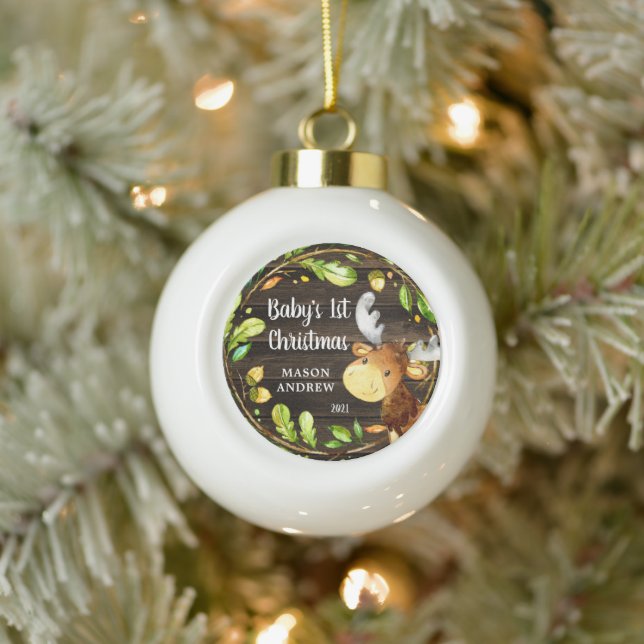 Rustikales Woodland Moose Baby's First Christmas Keramik Kugel-Ornament (Baum)