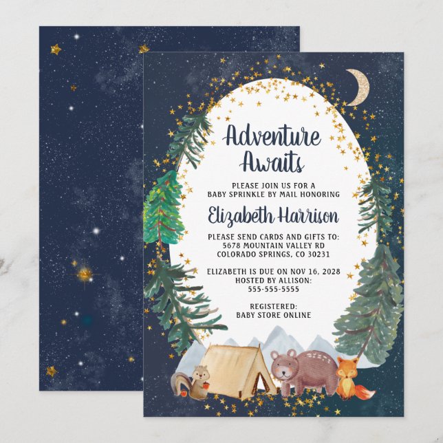 Rustikales Woodland Night Sky Baby Sprinkby Mail Einladung (Vorne/Hinten)