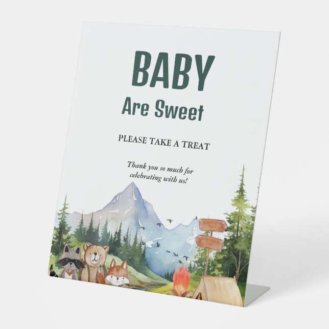 Rustikales Woodland-Tier Babydusche Gefälligkeitsz Sockelschild (Vorderseite)