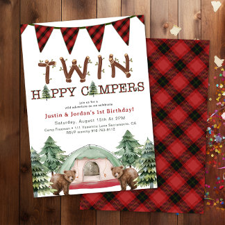 Rustikales Woodland Twins One Happy Camper Geburts Einladung