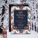 Rustikales Woodsy Deer | Forest 60. Geburtstagspar Einladung<br><div class="desc">Feiern Sie seinen Geburtstag im rustikalen Holzstil mit diesem Hirschmuster,  dem Outdoor-Design der "Birthday Party" mit einer Vielfalt an Hirschen mit immergrünen Tannenbäumen,  Bergen und Schnee auf weißem Hintergrund und einem rustikalen Imitat mit dunklem Holzhintergrund. Composite Design von Holiday Hearts Designs.</div>