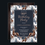 Rustikales Woodsy Deer | Forest 90. Geburtstagspar Einladung<br><div class="desc">Feiern Sie seinen Geburtstag im rustikalen Holzstil mit diesem Hirschmuster,  dem Outdoor-Design der "Birthday Party" mit einer Vielfalt an Hirschen mit immergrünen Tannenbäumen,  Bergen und Schnee auf weißem Hintergrund und einem rustikalen Imitat mit dunklem Holzhintergrund. Composite Design von Holiday Hearts Designs.</div>
