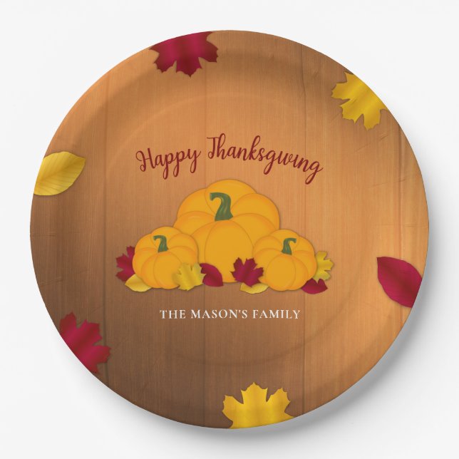 Rustikales Woodsy Erntedank Pumpkins & Herbstlaubs Pappteller (Vorderseite)