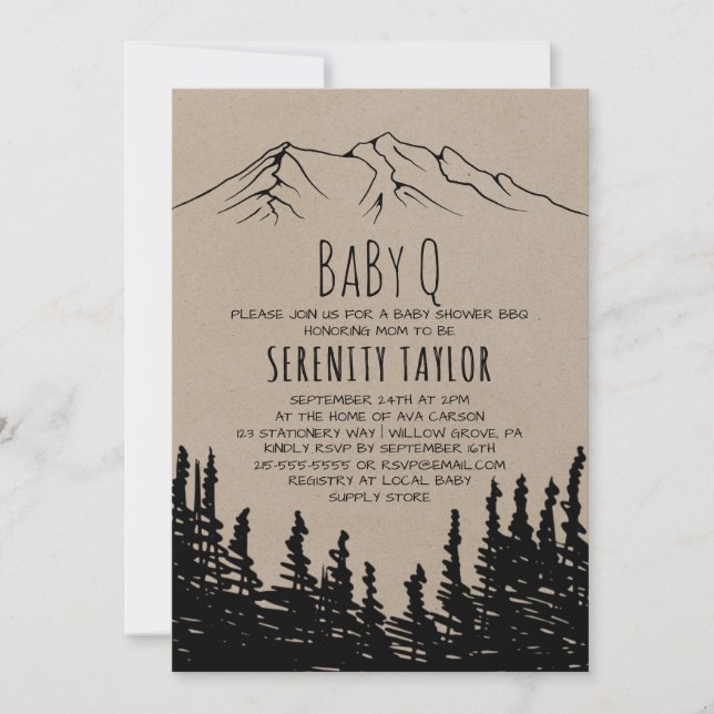 Rustikales Woodsy Mountain Baby Q Einladung (Vorderseite)