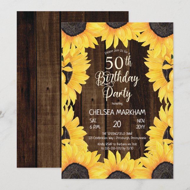 Rustikales Woodsy Wood| Sonnenblumen 50. Geburtsta Einladung (Vorne/Hinten)
