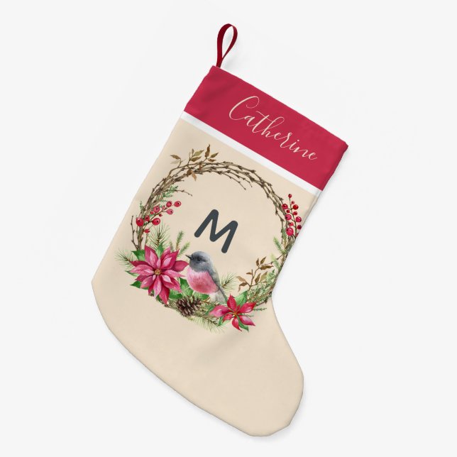Rustikales Wreath Poinsetta Bird Berries Monogram Kleiner Weihnachtsstrumpf (Vorderansicht (hängend))