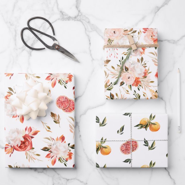 Rustikales Zitrusfrüchte-Aquarell-Dreierpack Geschenkpapier Set (Vorderseite)