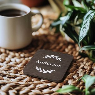 Rustikalisches dunkles Holz Lorbeer Monogramm Name Getränkeuntersetzer