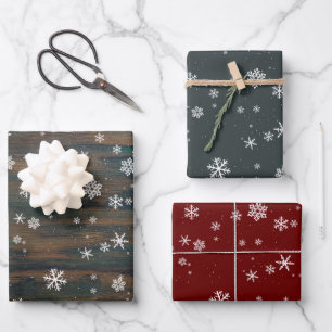 Rustikalisches Holz Graue Rote Schneeflocken Weihn Geschenkpapier Set