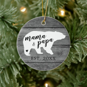 Rustikalisches Holz Mama Papa Bär Herz Geburt Keramik Ornament