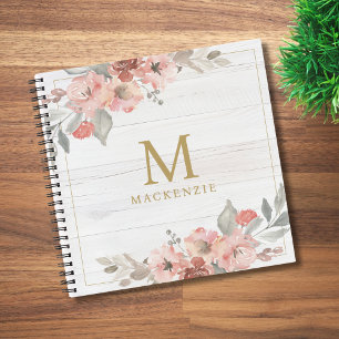 Rustikalisches Holz Rosa Florales Wasserfarben-Mon Notizbuch