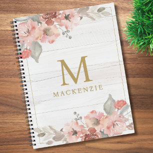 Rustikalisches Holz Rosa Florales Wasserfarben-Mon Notizbuch