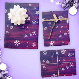 Rustikalisches Holz Rosa Lila Schneekristall Weihn Geschenkpapier Set
