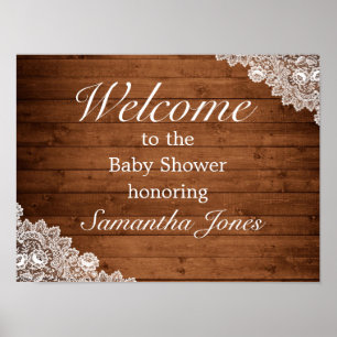 Rustikalisches Holz & Weißer Spitze Baby Shower Wi Poster