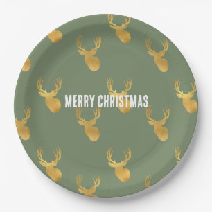 Rustikalisches Olivgrün Goldhirsch Weihnachten Pappteller