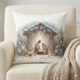 Rustike Weihnachtskrippen-Szene mit Winterblumen Kissen