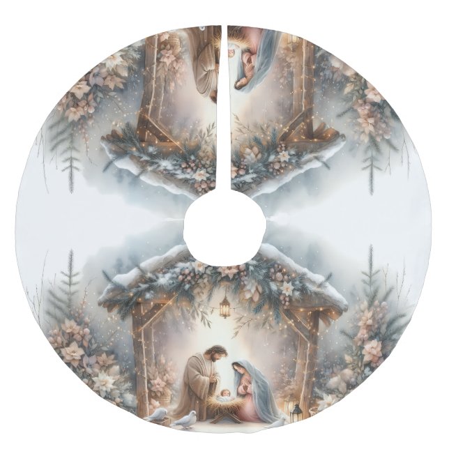 Rustike Weihnachtskrippen-Szene mit Winterblumen Polyester Weihnachtsbaumdecke (Vorderseite)