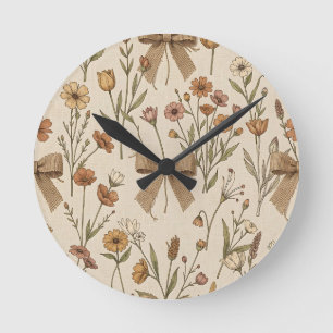 Rustiker Wildblumenstrauß mit Jute-Schleifen Vinta Runde Wanduhr