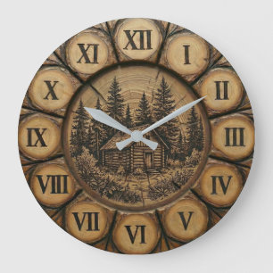 Rustikuhr im Blockhüttenstil   Holz-Optik Wald Große Wanduhr