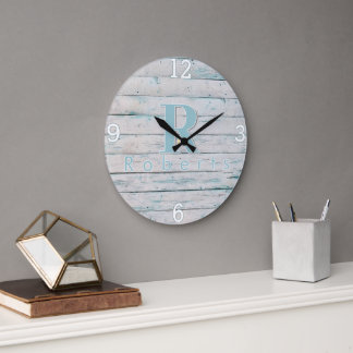 Rustikuhr mit Monogramm in Teal-Treibholz-Optik Große Wanduhr