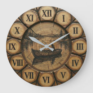 Rustikuhr See-Angeln | Holzstil Große Wanduhr