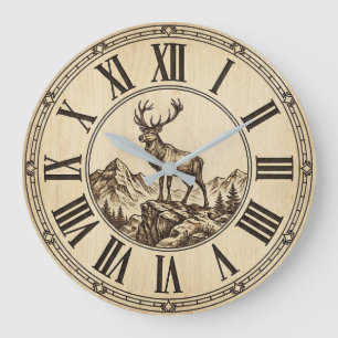 Rustikuöse Hirsch-Berg-Wanduhr   Holz-Optik Hütte  Große Wanduhr