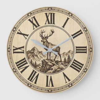 Rustikuöse Hirsch-Berg-Wanduhr | Holz-Optik Hütte Große Wanduhr