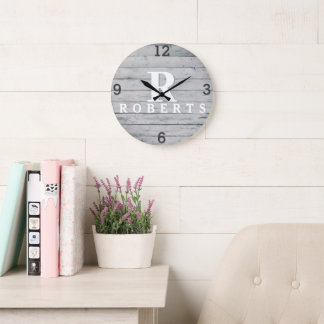 Rustikuöse Monogramm-Grau-Treibholz-Uhr Große Wanduhr